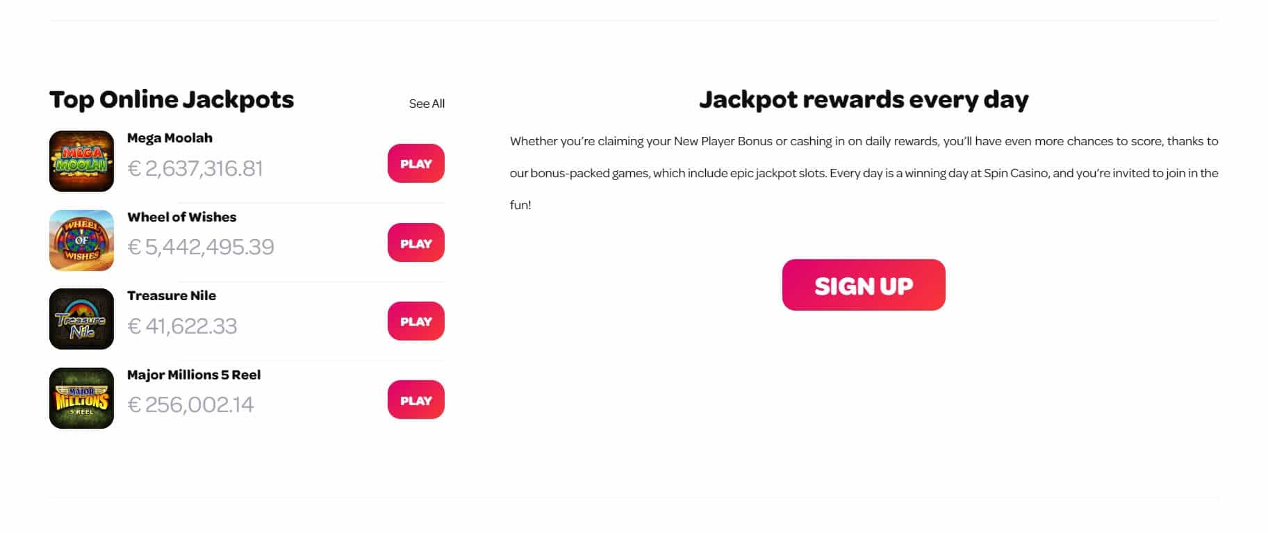 Spin Casino jackpots