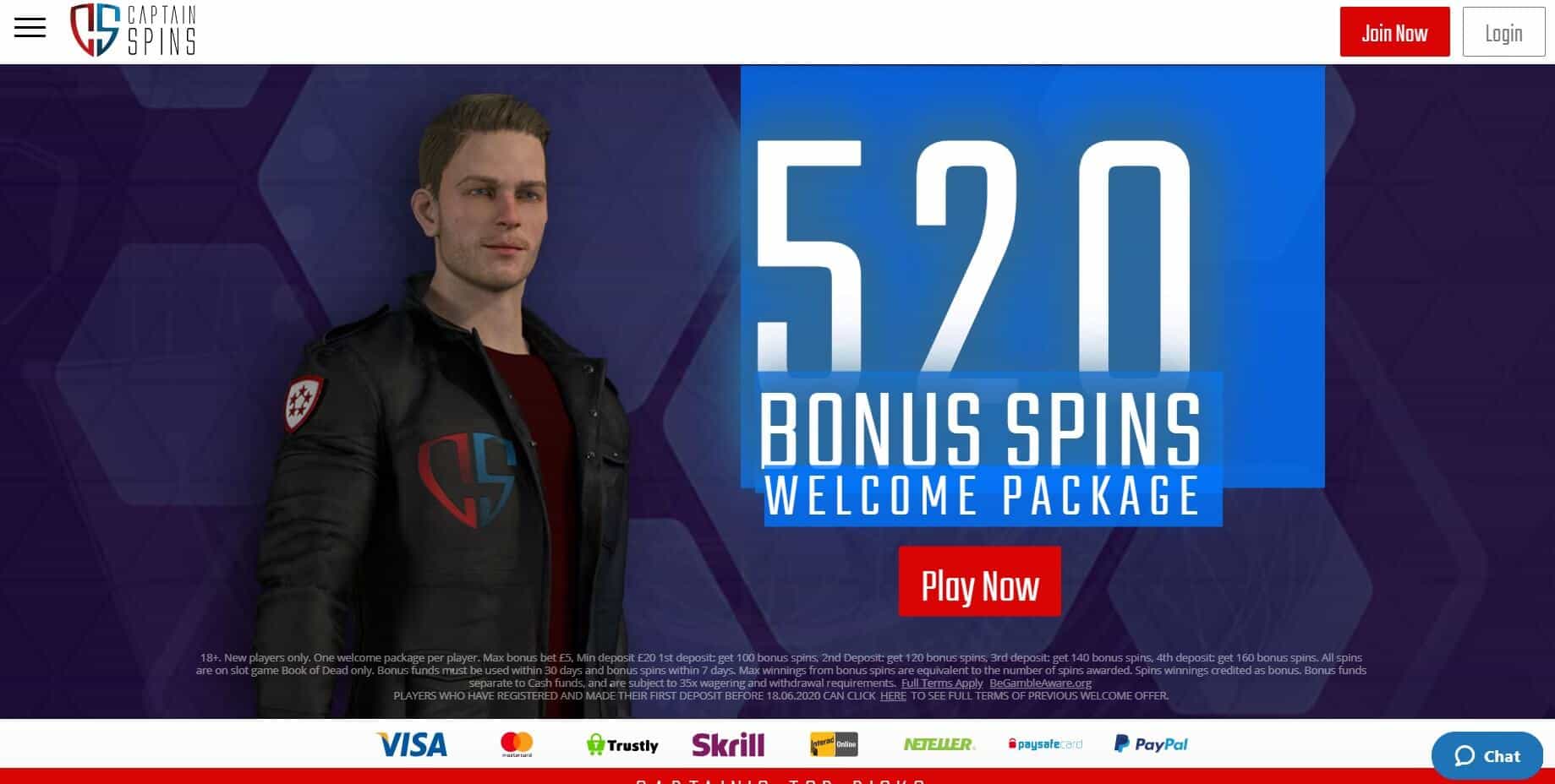 Captain Spins Casino homepage