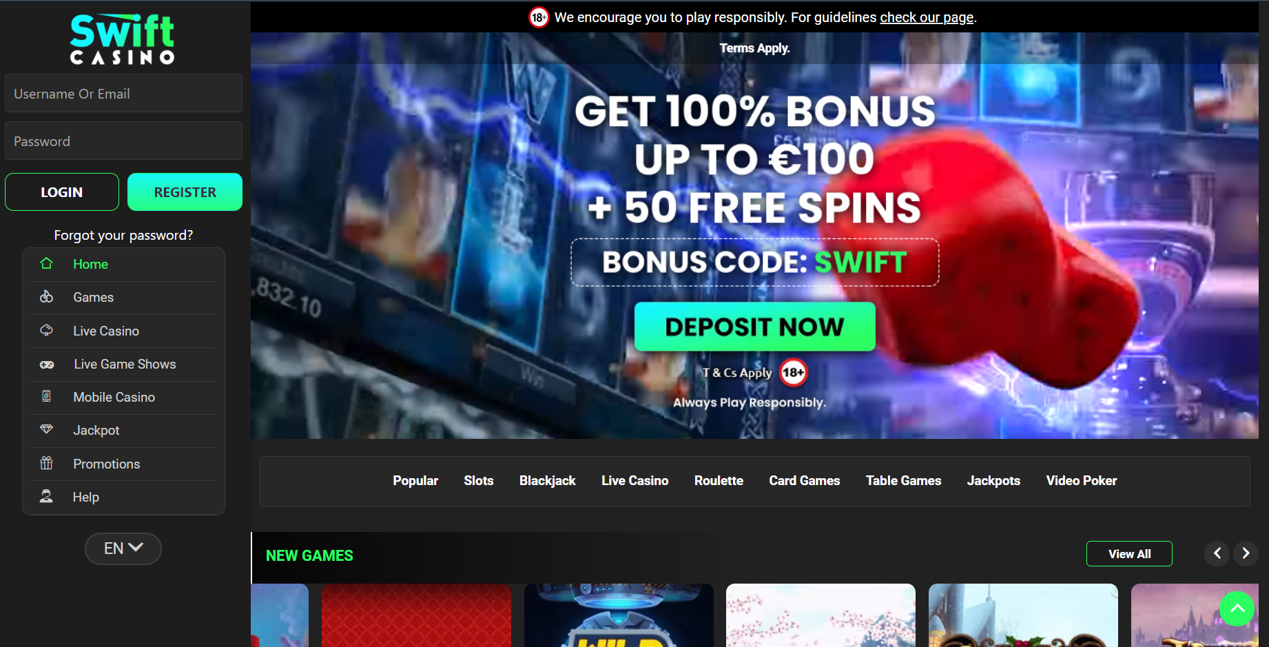 Swift Casino homepage