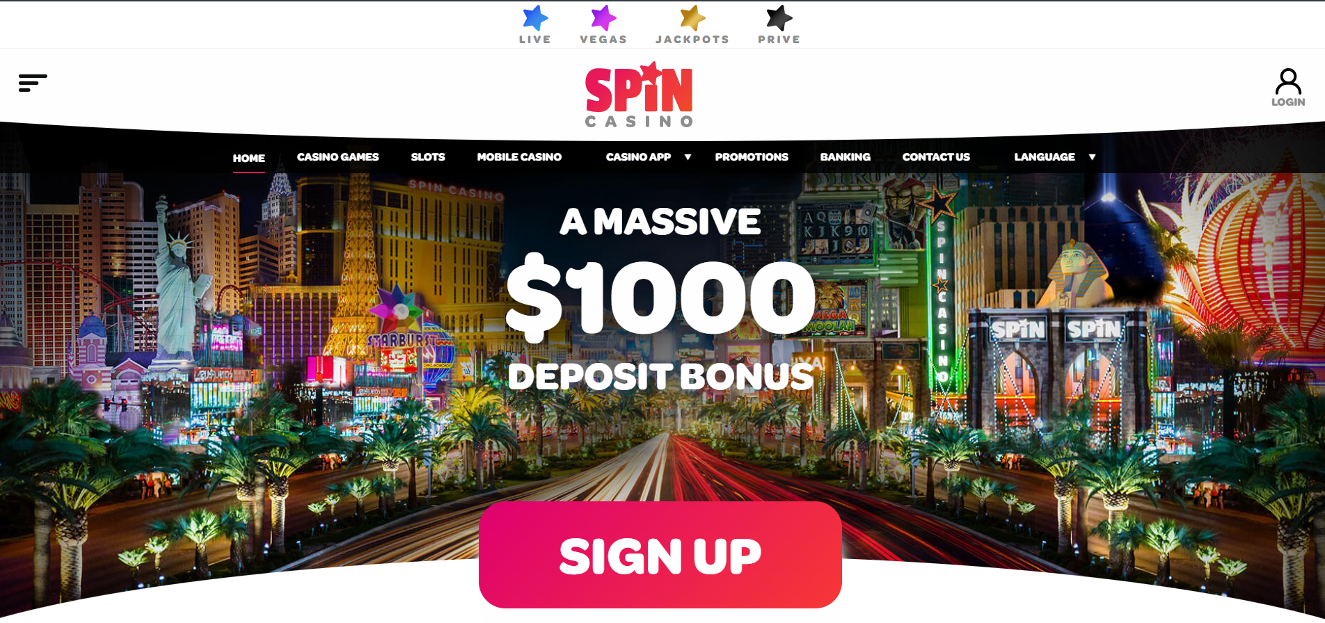 Spin Online Casino homepage