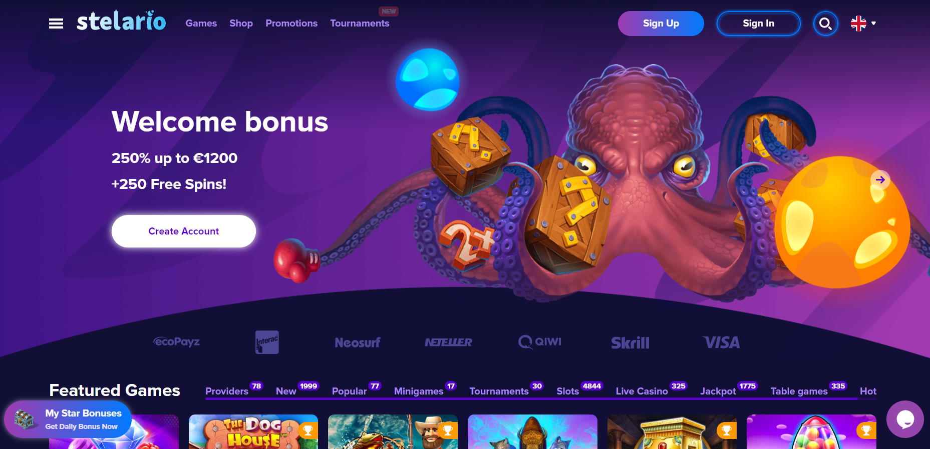 Stelario online casino front page